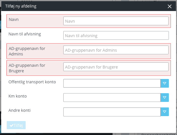 Opret afdeling dialog